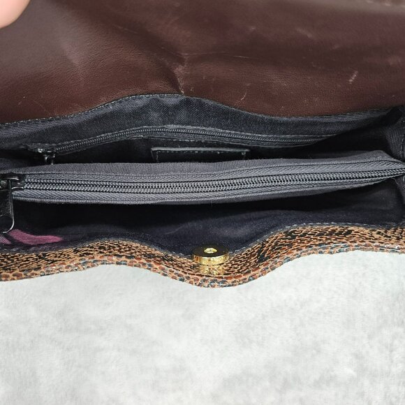 Basix New York Snake Print Textured Leather Shoulder Bag Brown Black Beads Strap - Picture 11 of 14